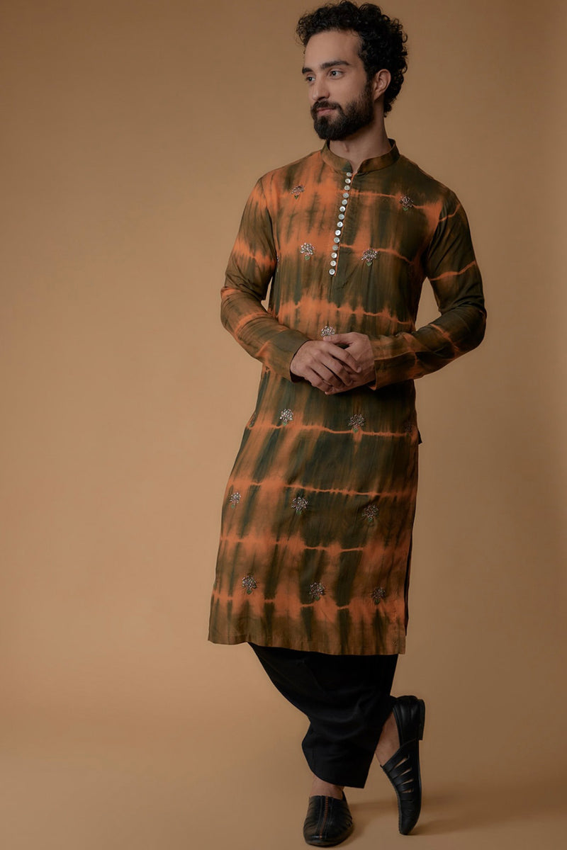 Green & Orange Silk Modal Tie-Dyed Kurta Set