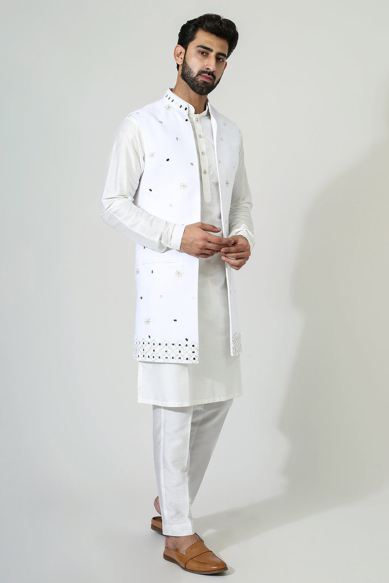 Offwhite Mirror Open Jacket With Kurta Pyjama