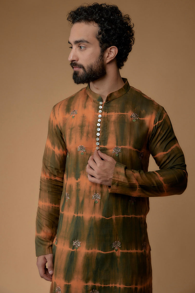 Green & Orange Silk Modal Tie-Dyed Kurta Set