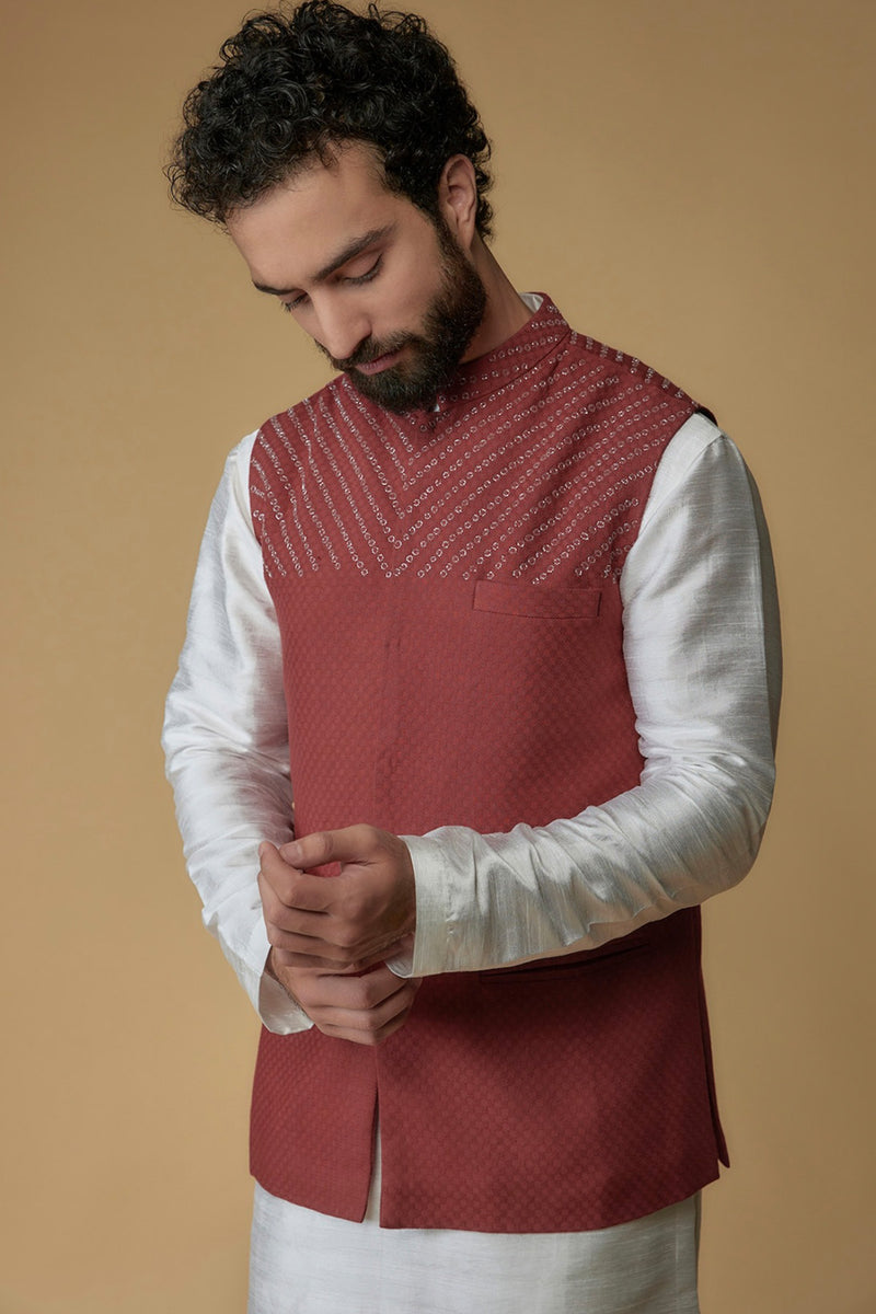 Brick Red Self Textured Cotton Hand Embroidered Nehru Jacket
