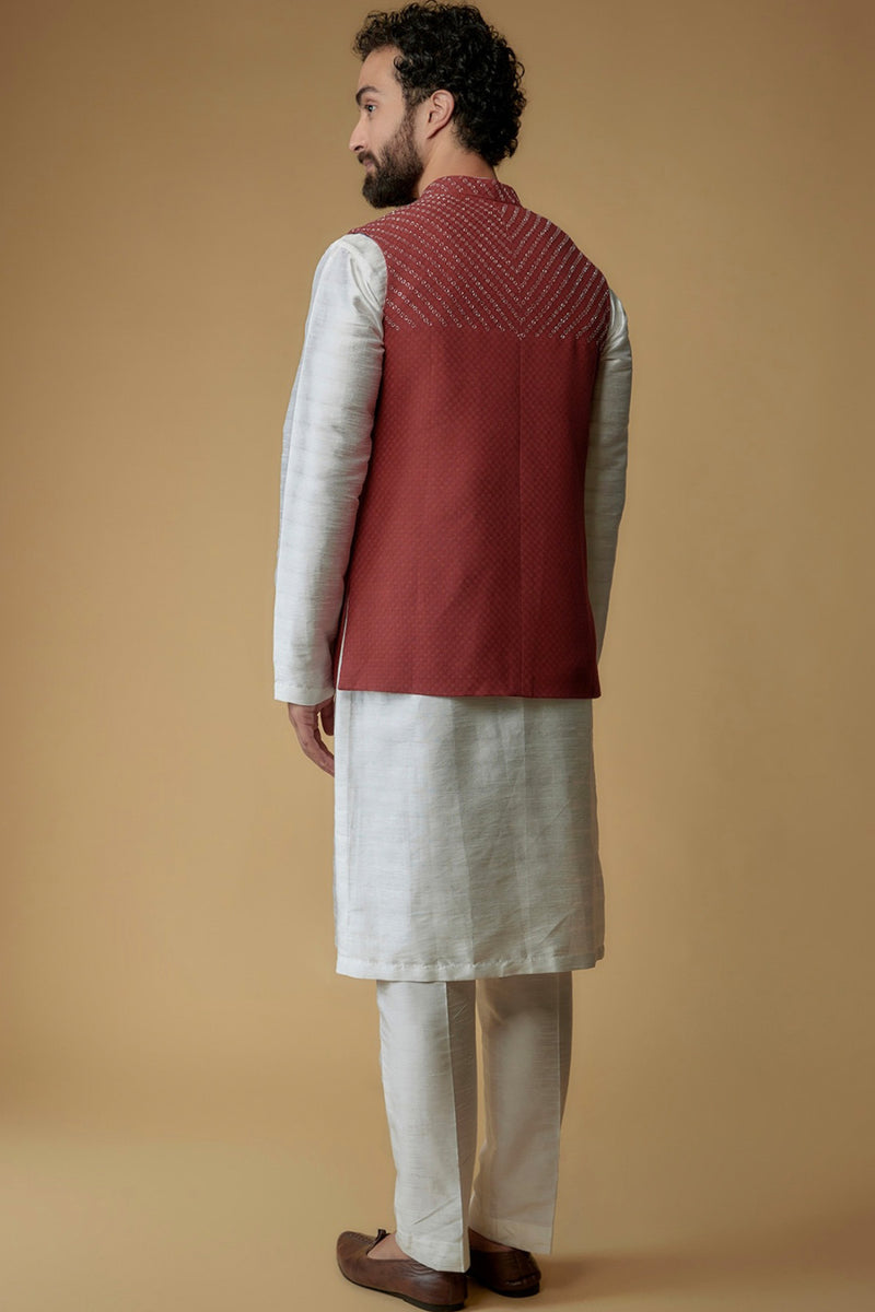 Brick Red Self Textured Cotton Hand Embroidered Nehru Jacket
