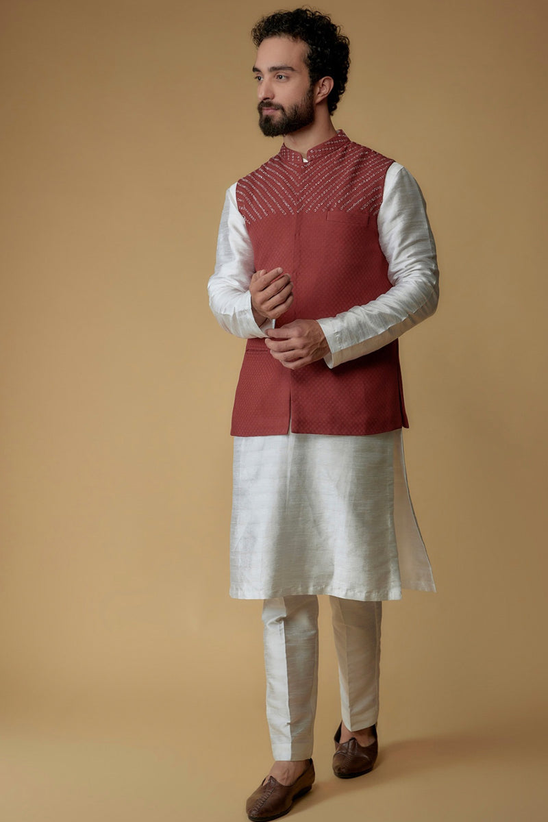 Brick Red Self Textured Cotton Hand Embroidered Nehru Jacket