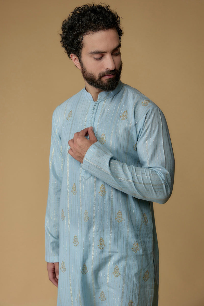 Sky Blue Cotton Lurex Printed & Embellished Kurta