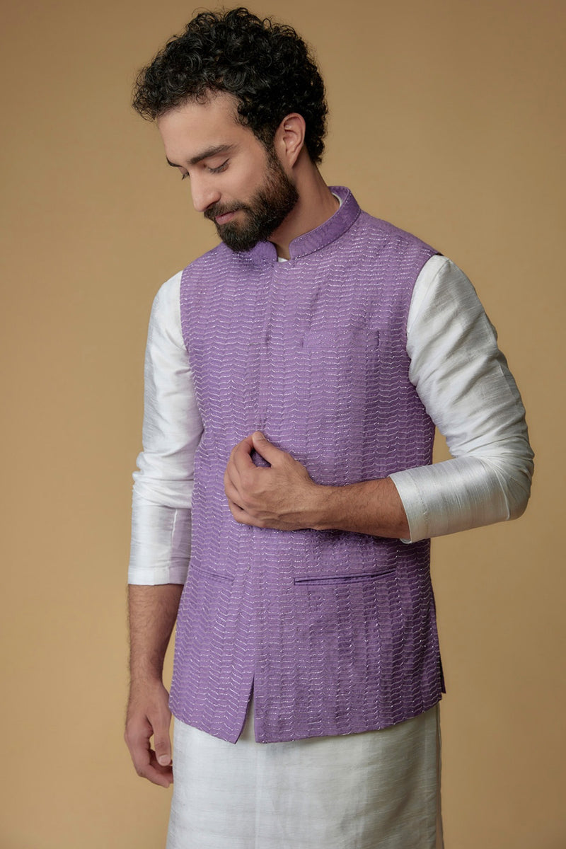 Lavender Self Textured Cotton Hand Embroidered Nehru Jacket