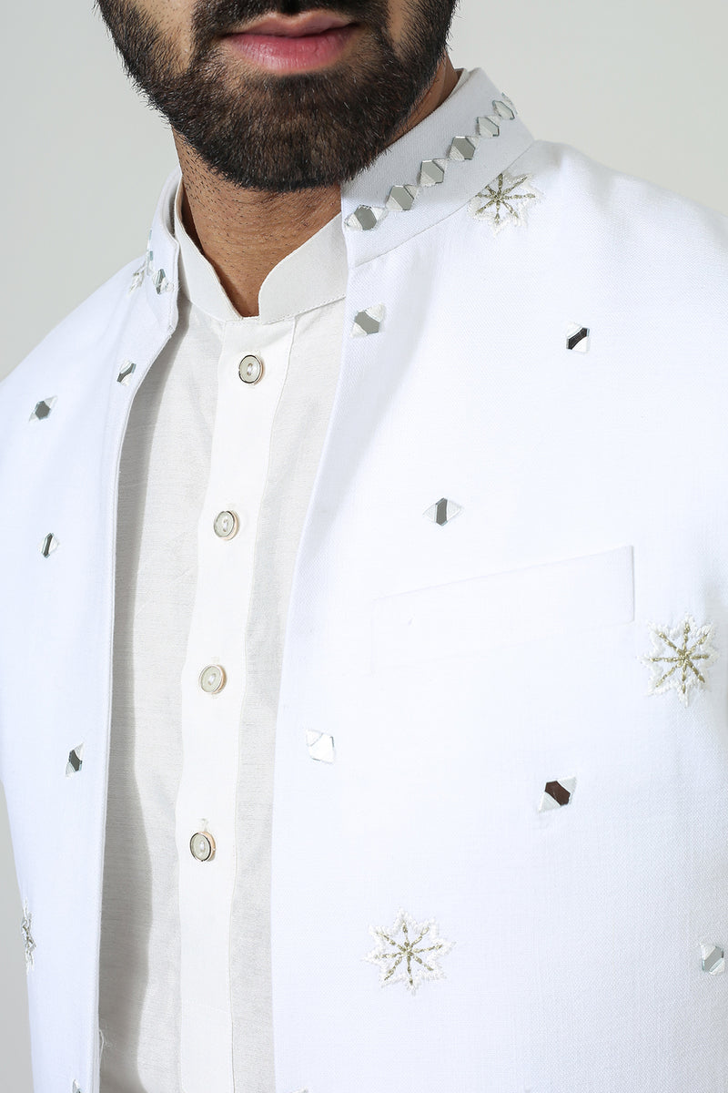 Offwhite Mirror Open Jacket With Kurta Pyjama