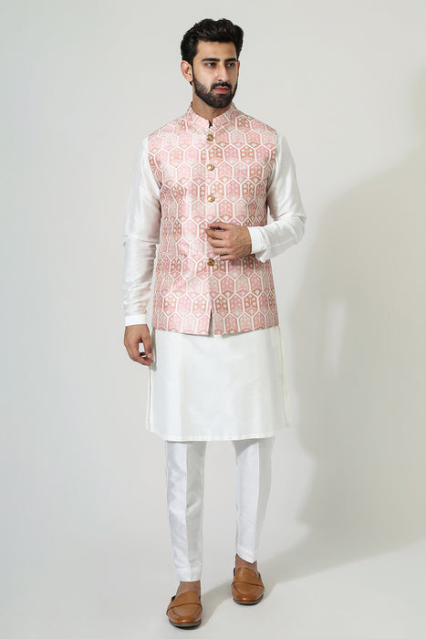 Pastel Red Ojis Nehru Jacket With Kurta Pyjama