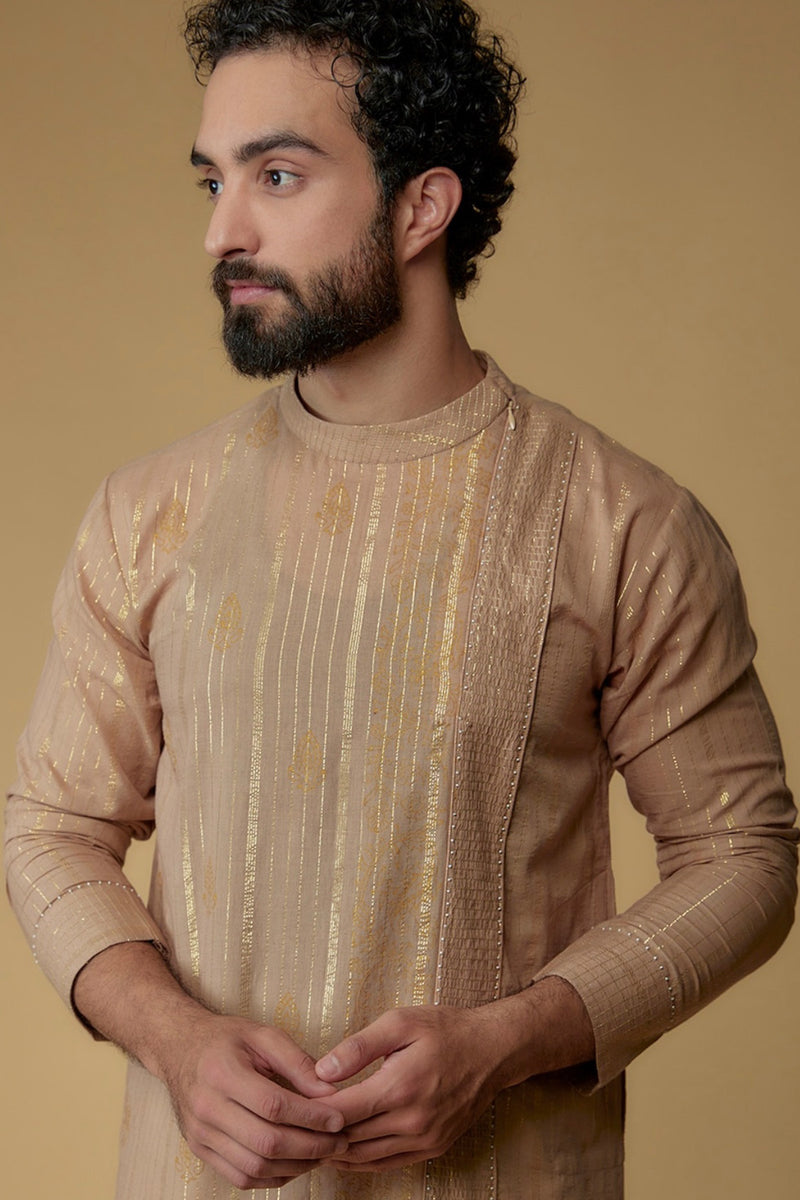 Tan Brown Cotton Lurex Printed & Embellished Kurta