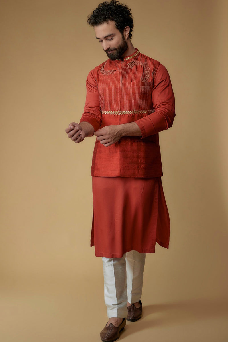 Crimson Red Silk Dupion Zari Embroidered Nehru Jacket With Kurta