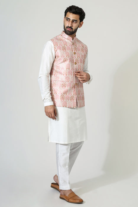 Pastel Red Ojis Nehru Jacket With Kurta Pyjama