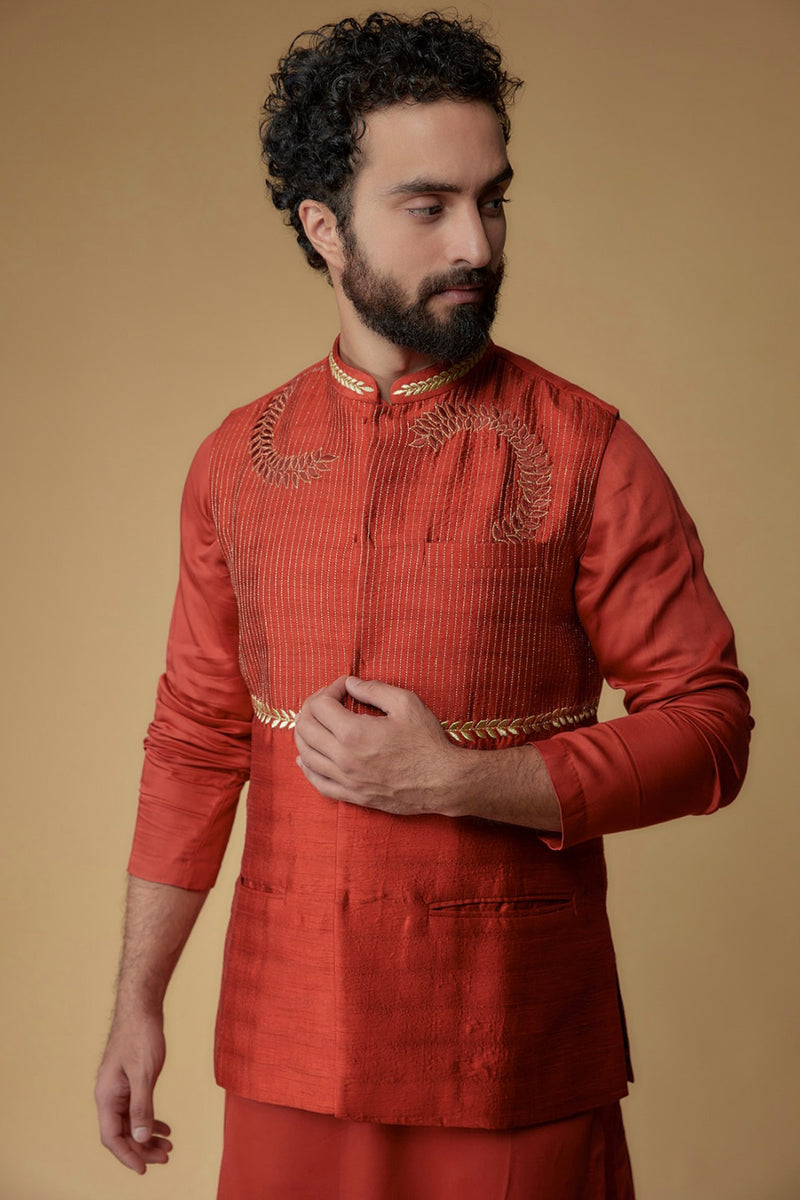 Crimson Red Silk Dupion Zari Embroidered Nehru Jacket With Kurta