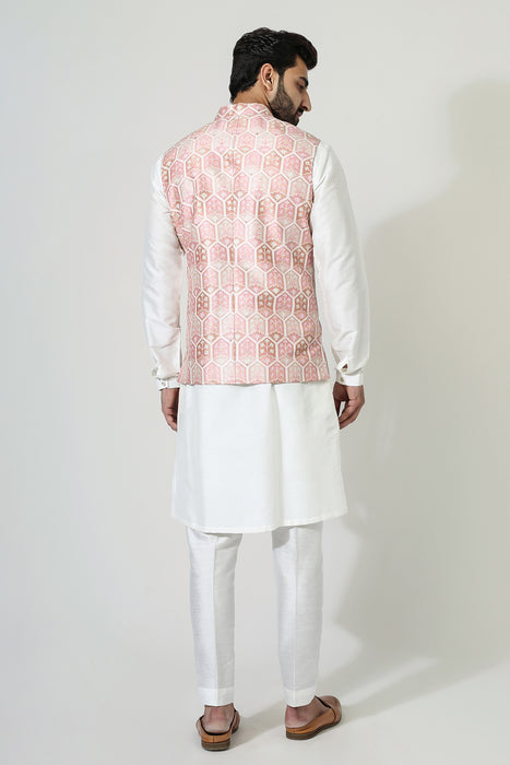 Pastel Red Ojis Nehru Jacket With Kurta Pyjama