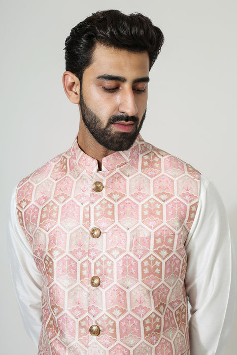 Pastel Red Ojis Nehru Jacket With Kurta Pyjama
