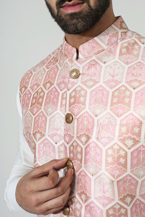 Pastel Red Ojis Nehru Jacket With Kurta Pyjama
