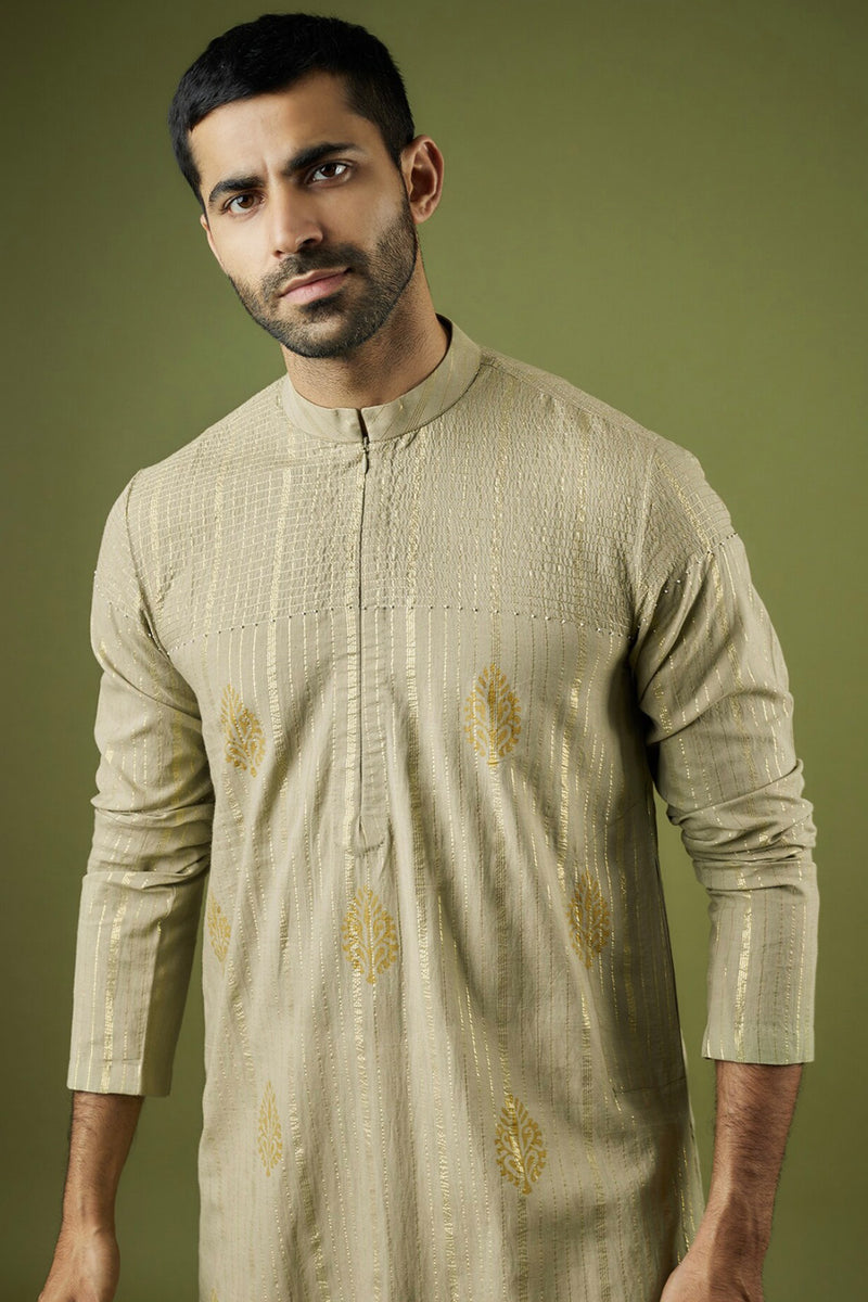 Light Green Cotton Lurex Block Printed Kurta