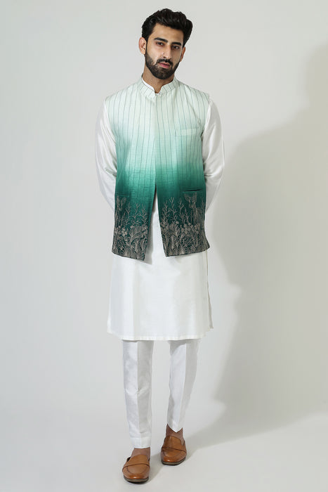 Ombre Embriodry Nehru Jacket With Kurta Pyjama