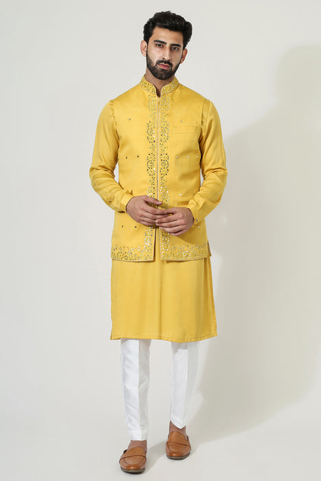 Yellow Mirror Work Nehru Jacket With Kurta Pyjama
