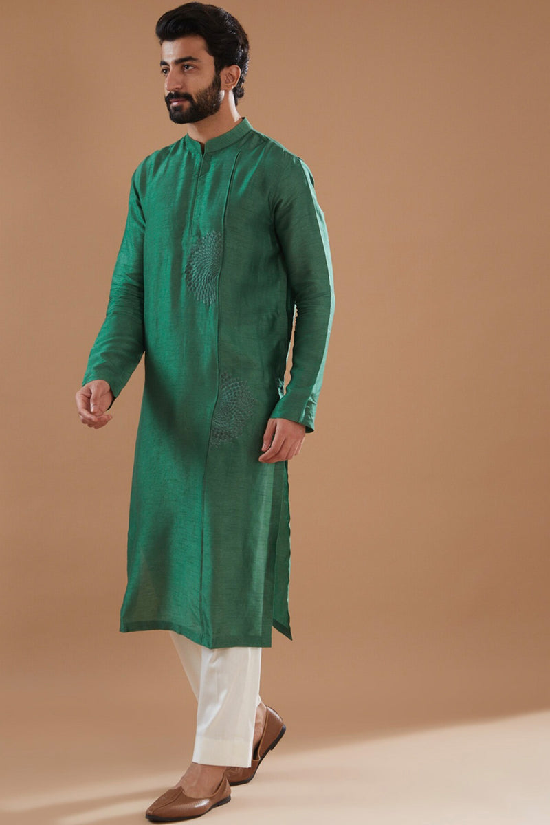 Emerald Green Dupion Silk Embroidered Kurta Set