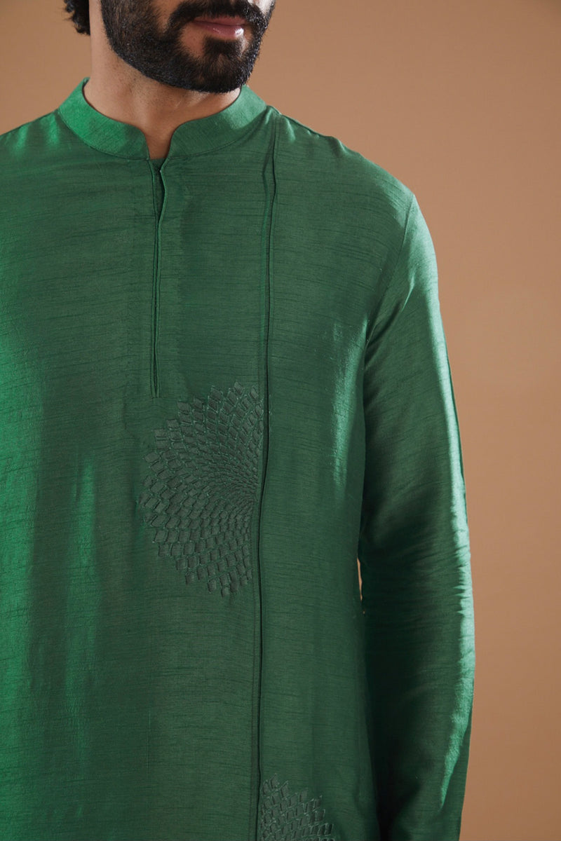 Emerald Green Dupion Silk Embroidered Kurta Set