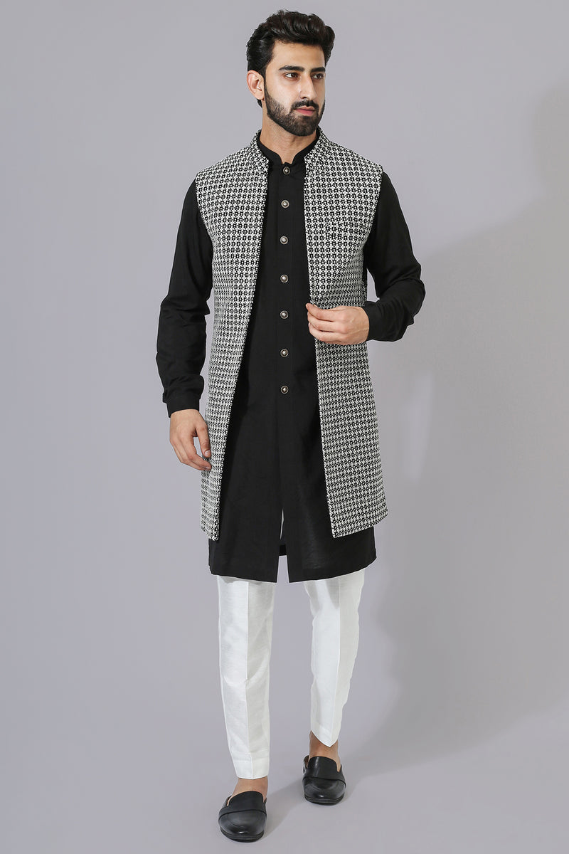 Black & White Texture Open Jacket With Kurta Pyjama