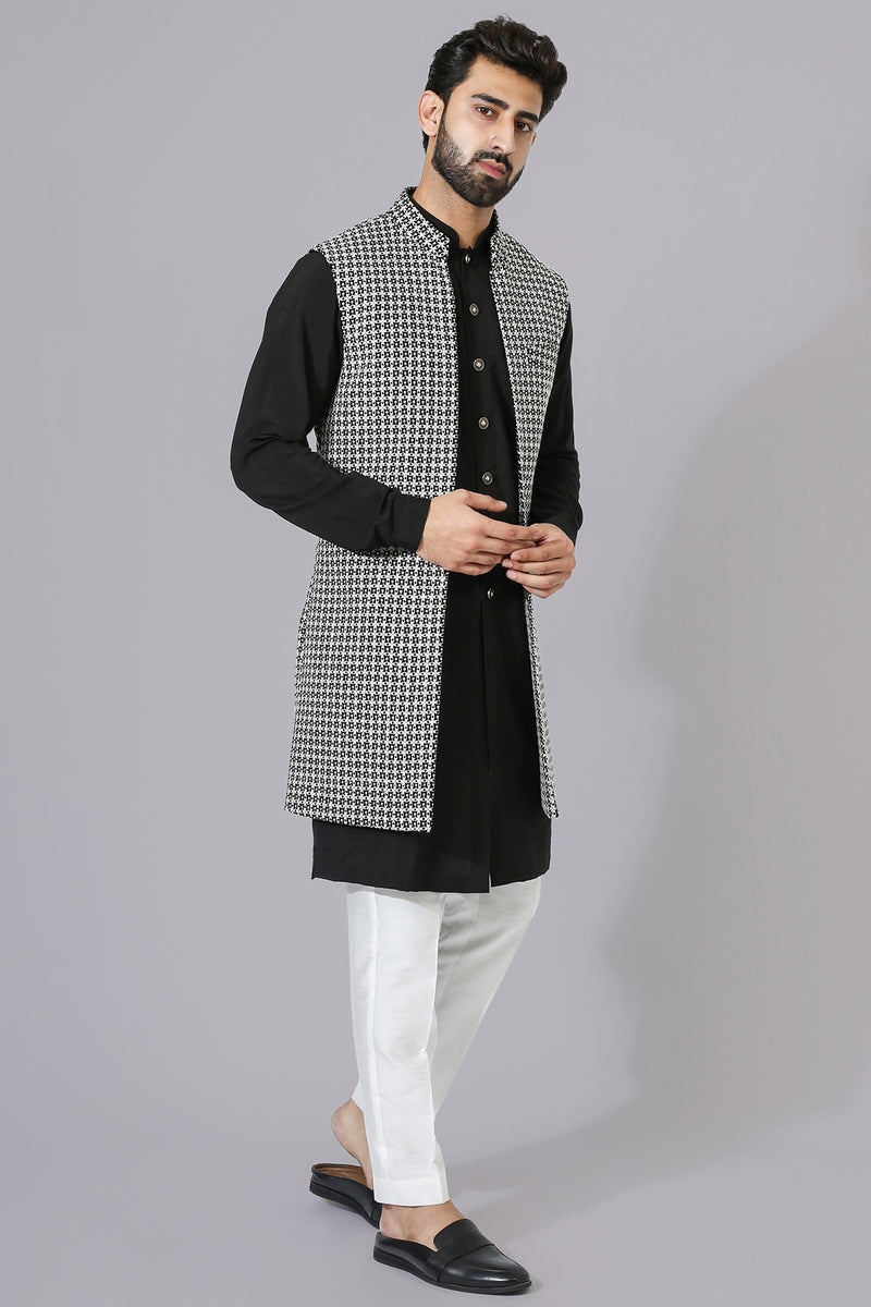 Black & White Texture Open Jacket With Kurta Pyjama