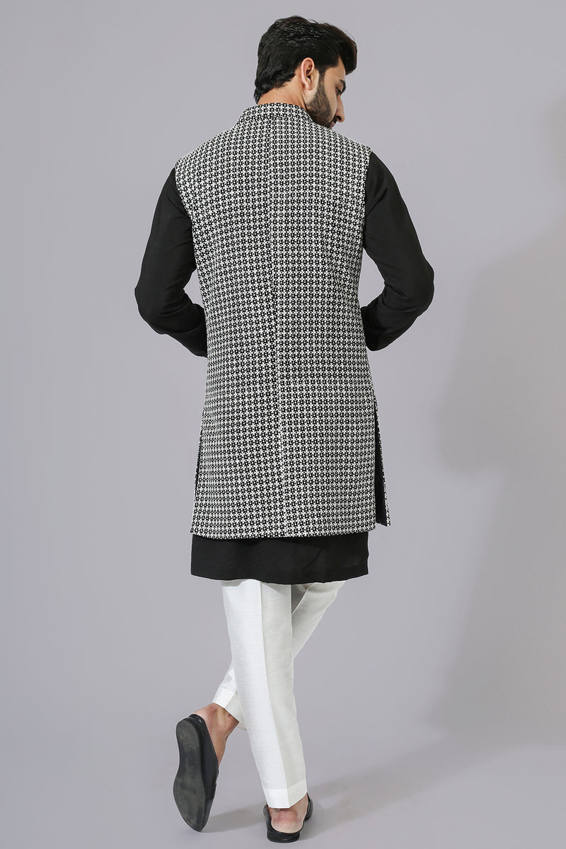 Black & White Texture Open Jacket With Kurta Pyjama