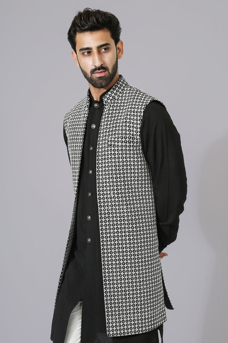 Black & White Texture Open Jacket With Kurta Pyjama