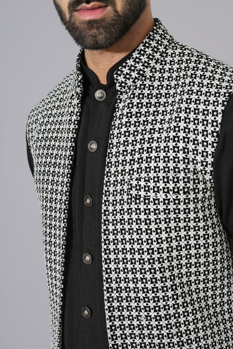 Black & White Texture Open Jacket With Kurta Pyjama
