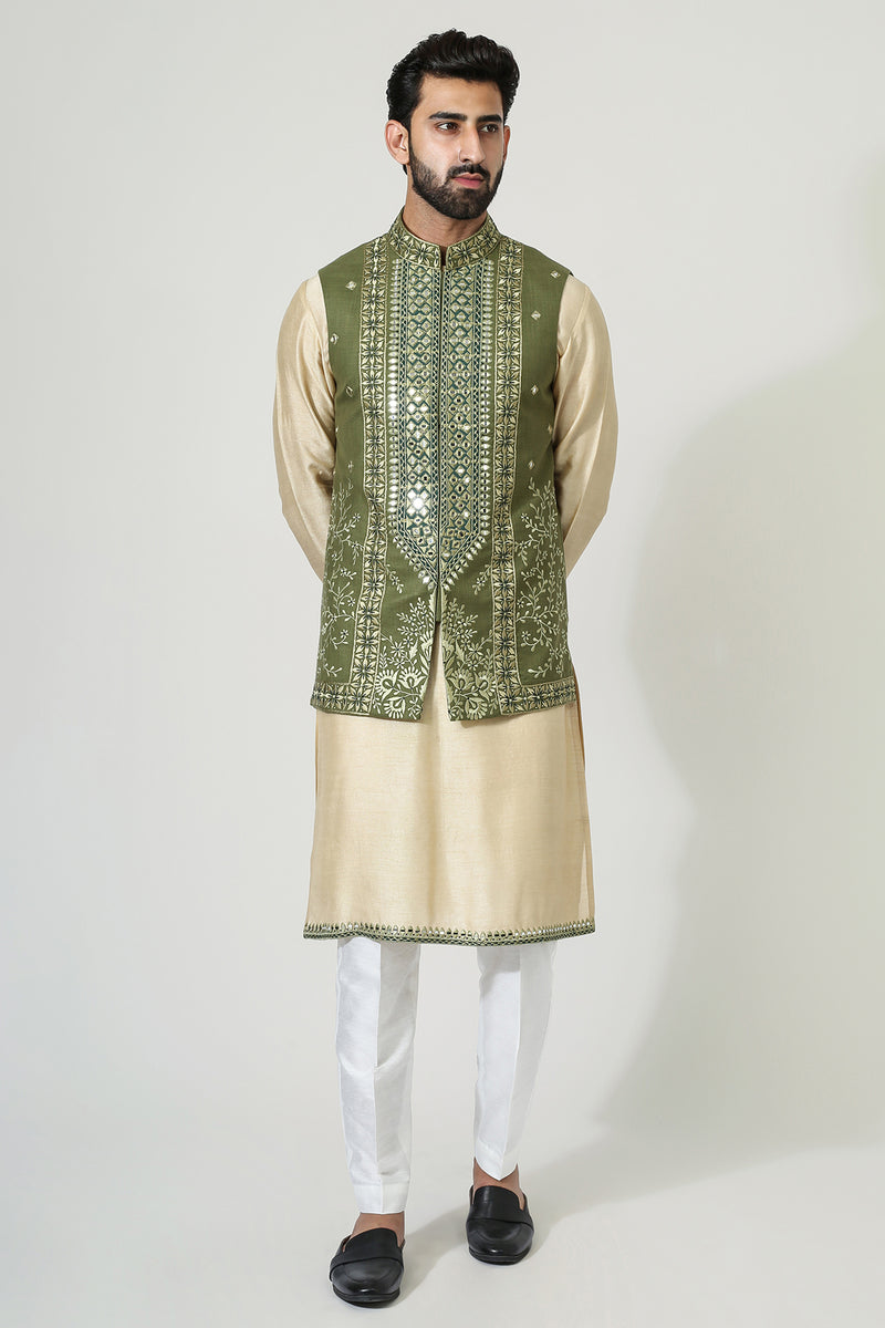 Beige Mirror Work Kurta With Green Mirror Work Jacket