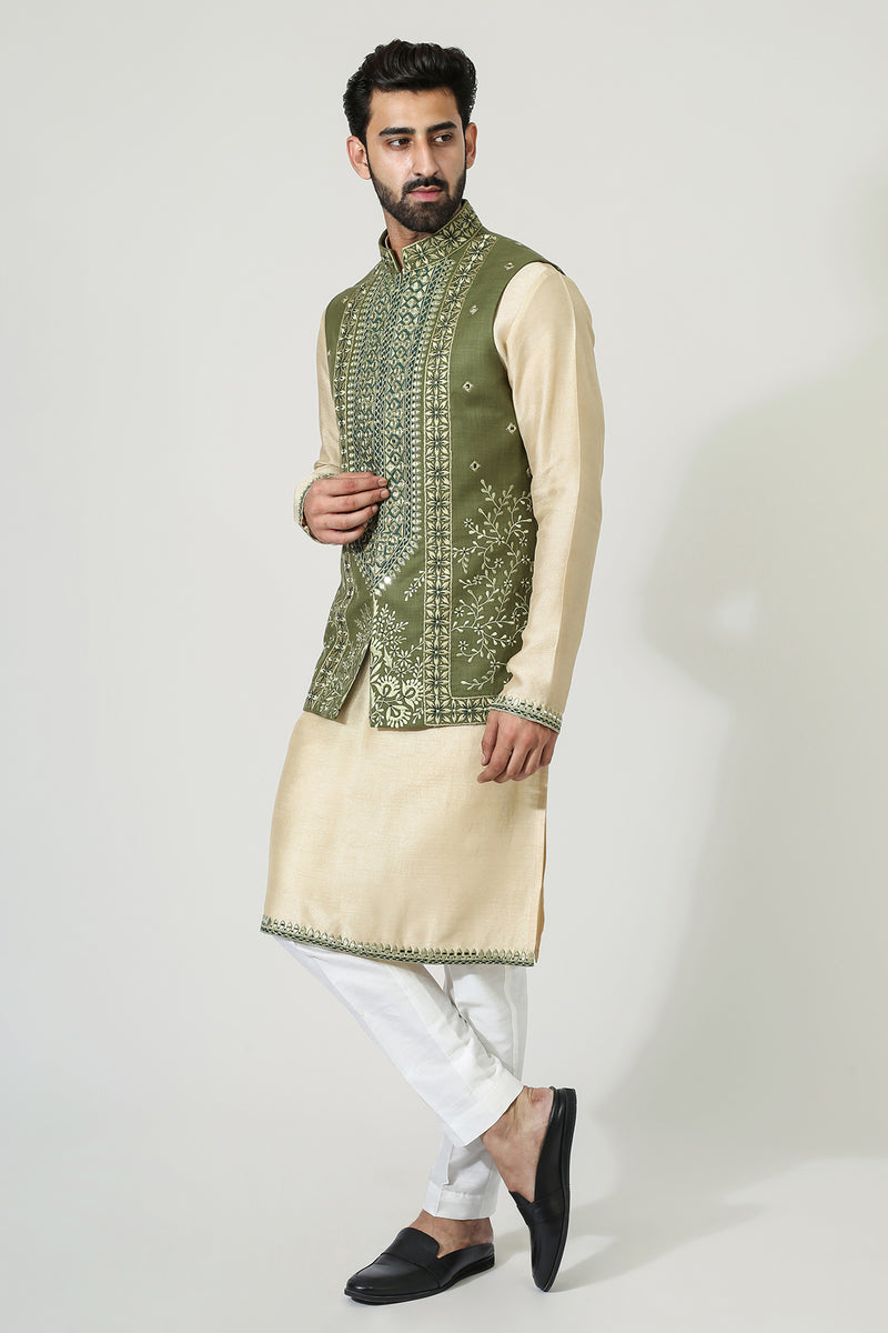 Beige Mirror Work Kurta With Green Mirror Work Jacket