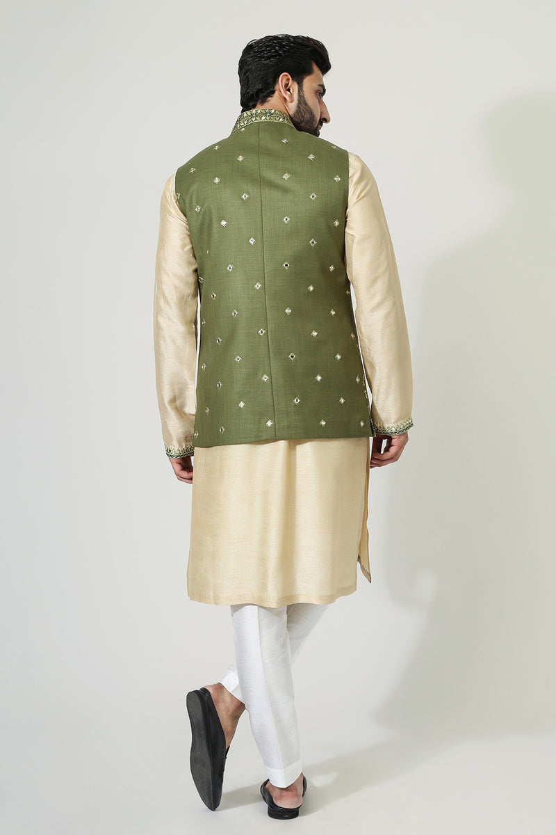 Beige Mirror Work Kurta With Green Mirror Work Jacket