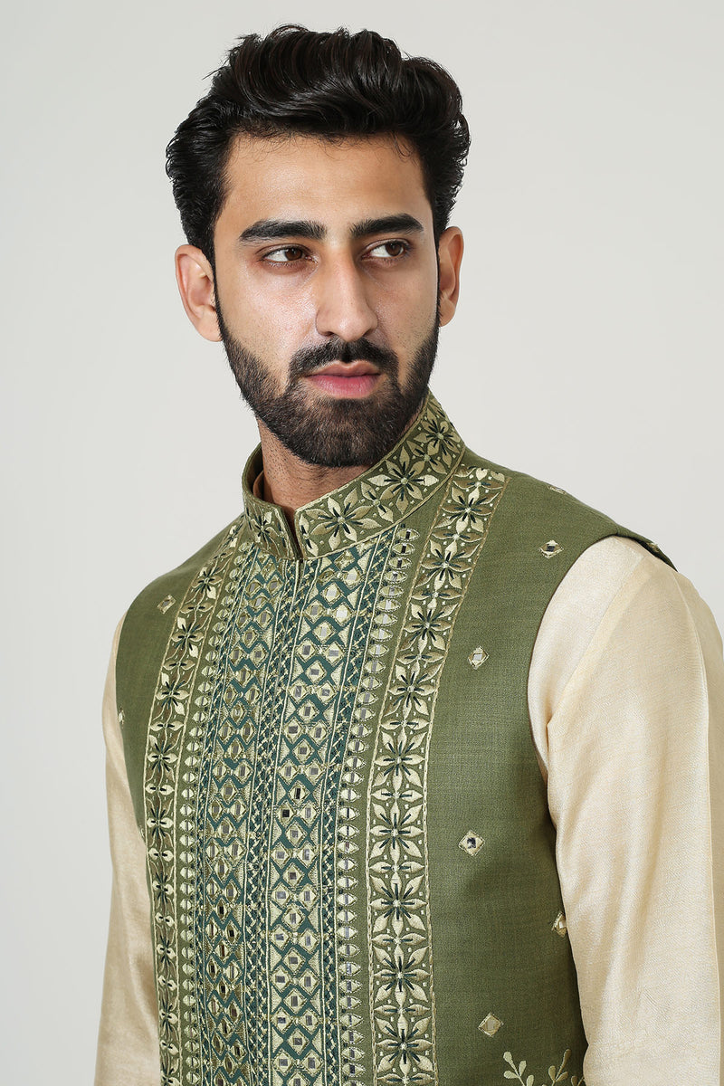 Beige Mirror Work Kurta With Green Mirror Work Jacket