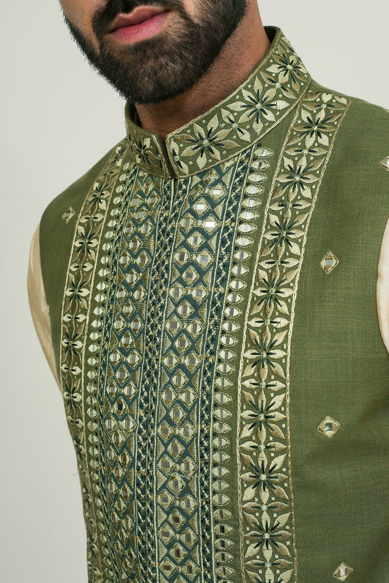 Beige Mirror Work Kurta With Green Mirror Work Jacket