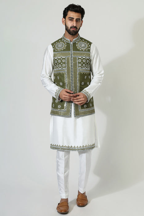 Offwhite Mirror Work Kurta With Green Mirror Work Nehru Jacket