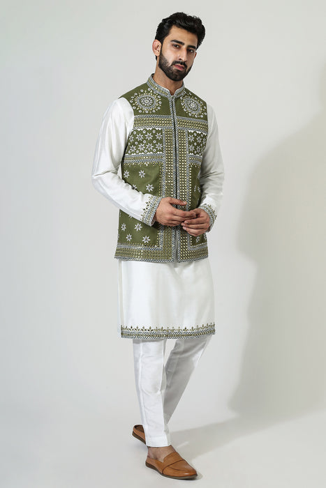 Offwhite Mirror Work Kurta With Green Mirror Work Nehru Jacket