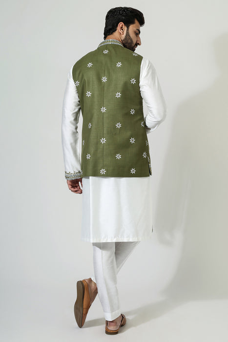 Offwhite Mirror Work Kurta With Green Mirror Work Nehru Jacket