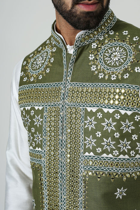Offwhite Mirror Work Kurta With Green Mirror Work Nehru Jacket