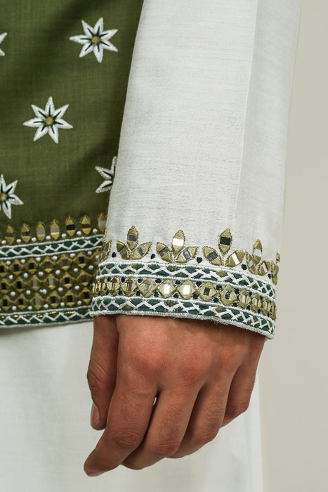 Offwhite Mirror Work Kurta With Green Mirror Work Nehru Jacket