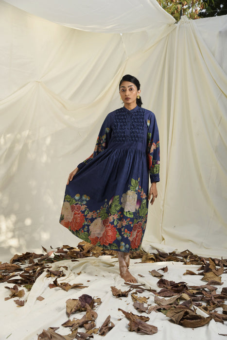 Blue & Green Poppy Bloom All Over Print Dress