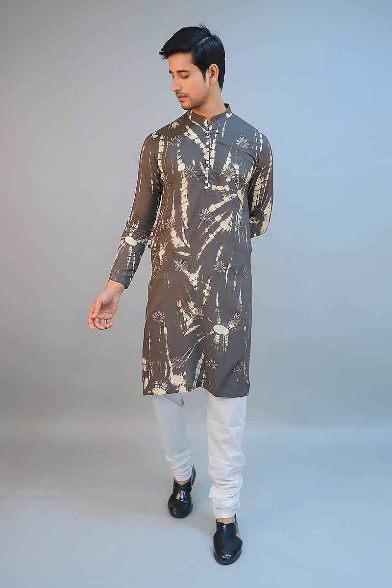 Dark Grey Silk Modal Tie-Dyed Kurta Set