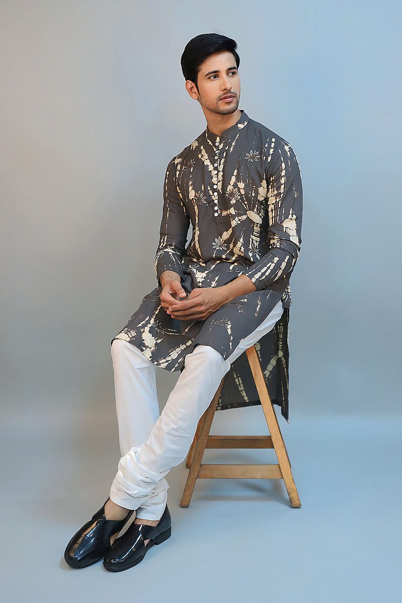 Dark Grey Silk Modal Tie-Dyed Kurta Set