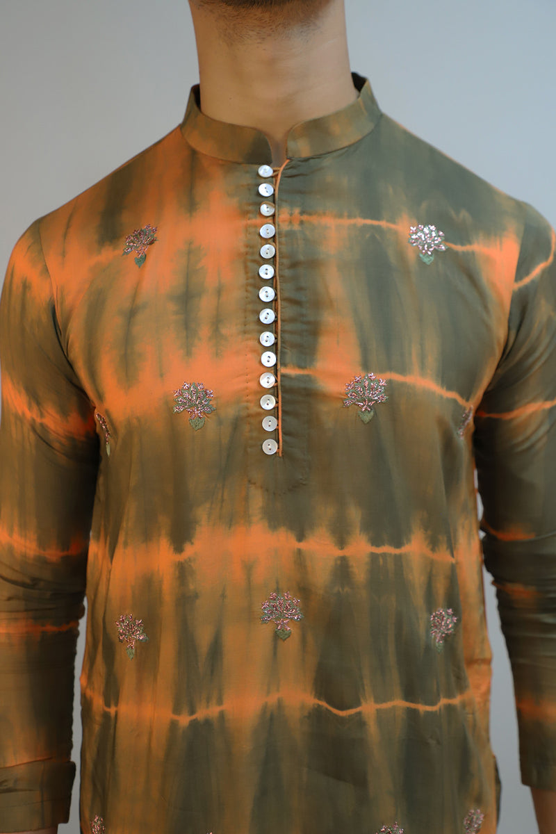 Green & Orange Silk Modal Tie-Dyed Kurta Set