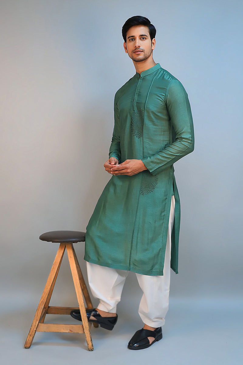 Emerald Green Dupion Silk Embroidered Kurta Set