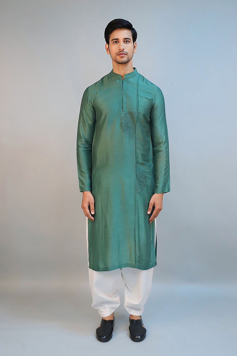 Emerald Green Dupion Silk Embroidered Kurta Set