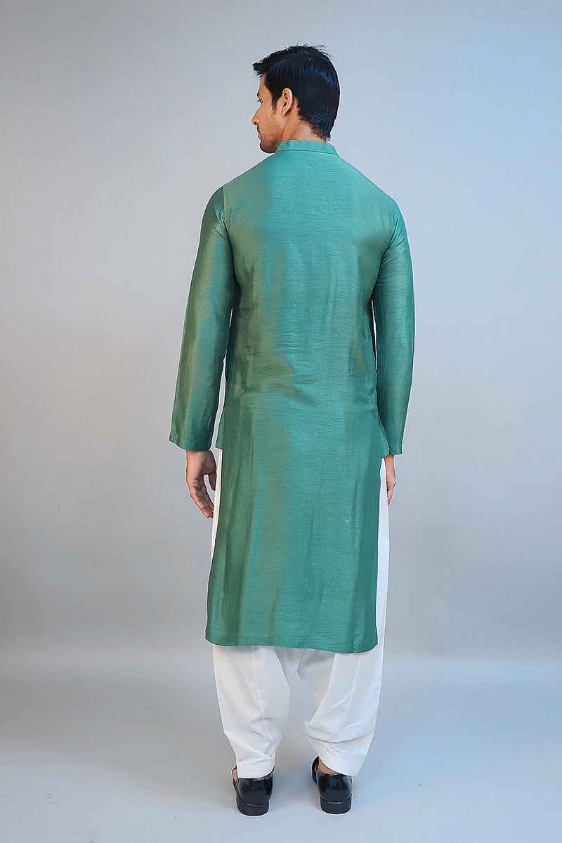 Emerald Green Dupion Silk Embroidered Kurta Set