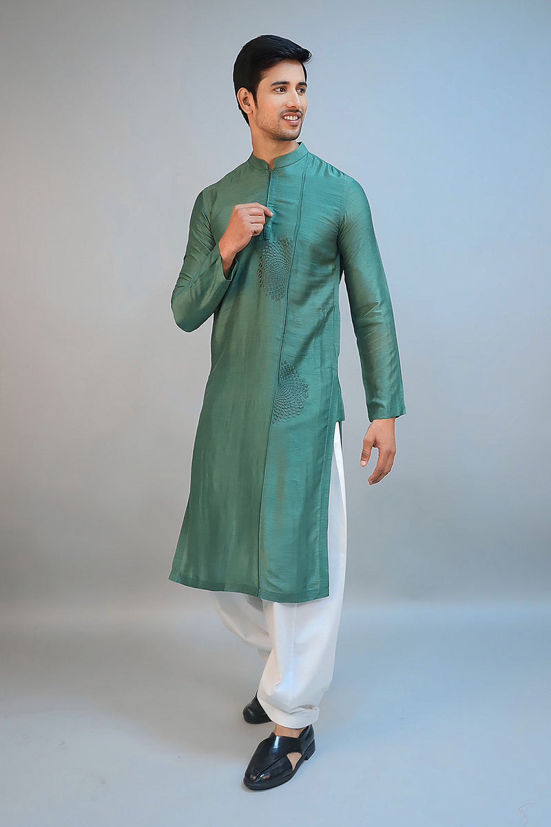 Emerald Green Dupion Silk Embroidered Kurta Set