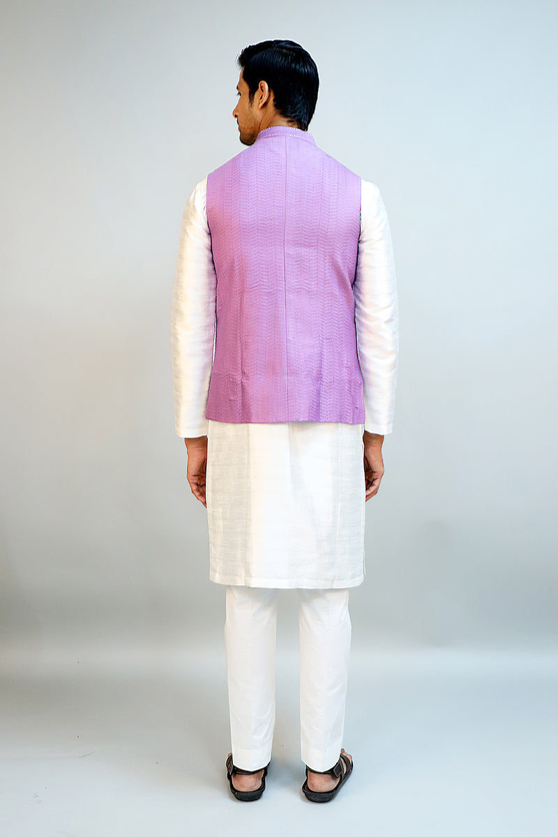 Lavender Self Textured Cotton Hand Embroidered Nehru Jacket
