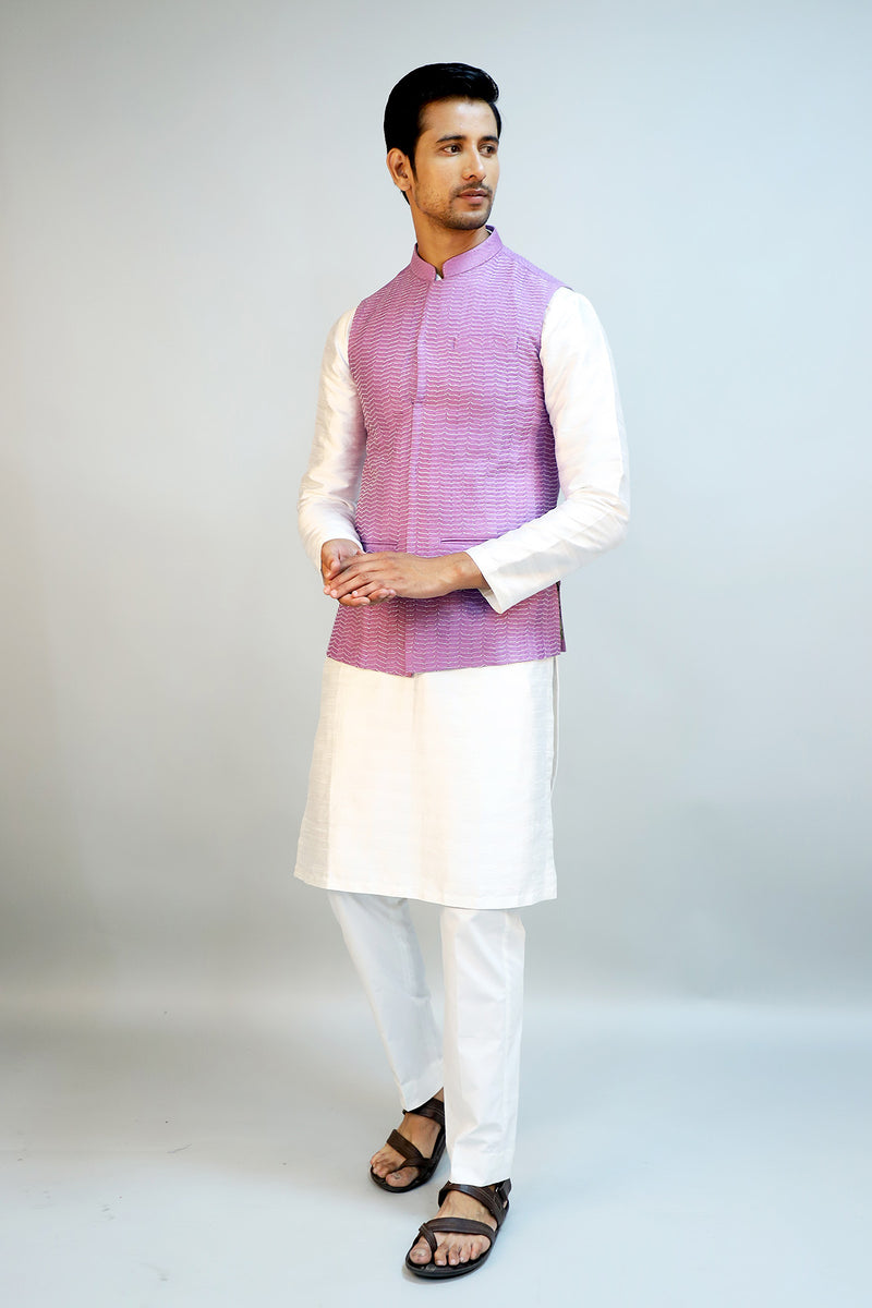 Lavender Self Textured Cotton Hand Embroidered Nehru Jacket