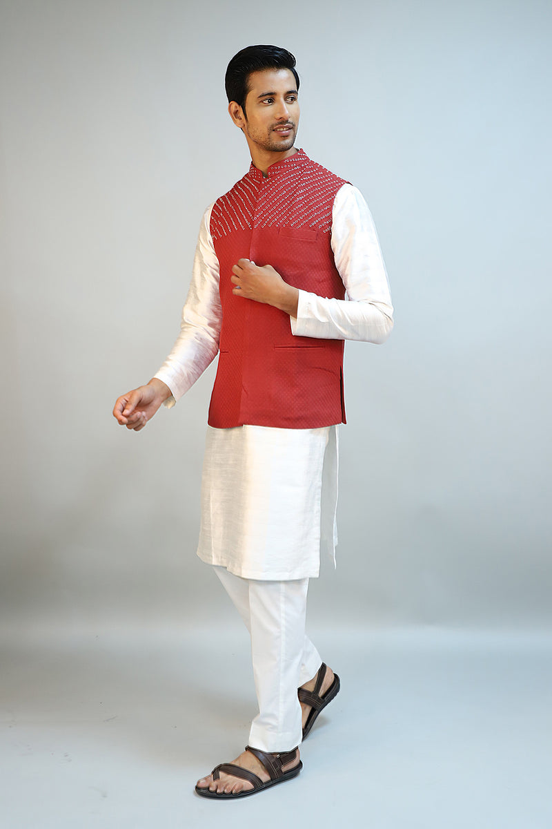 Brick Red Self Textured Cotton Hand Embroidered Nehru Jacket