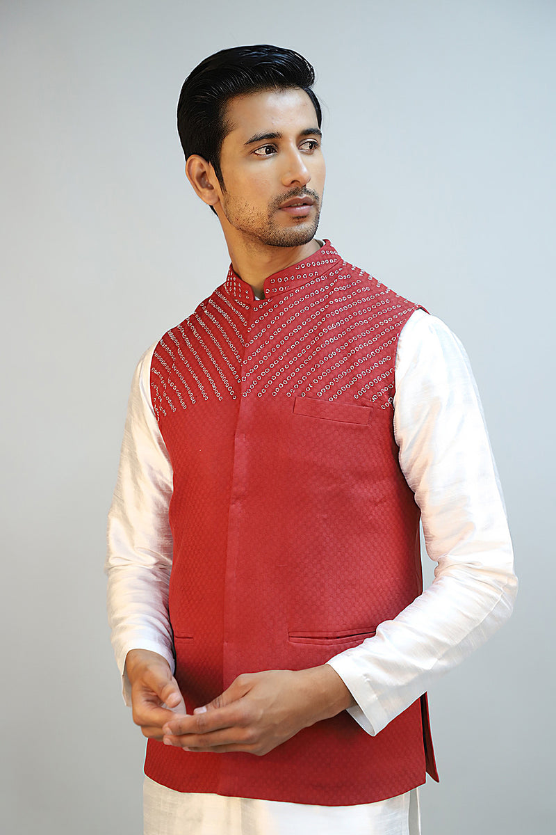 Brick Red Self Textured Cotton Hand Embroidered Nehru Jacket