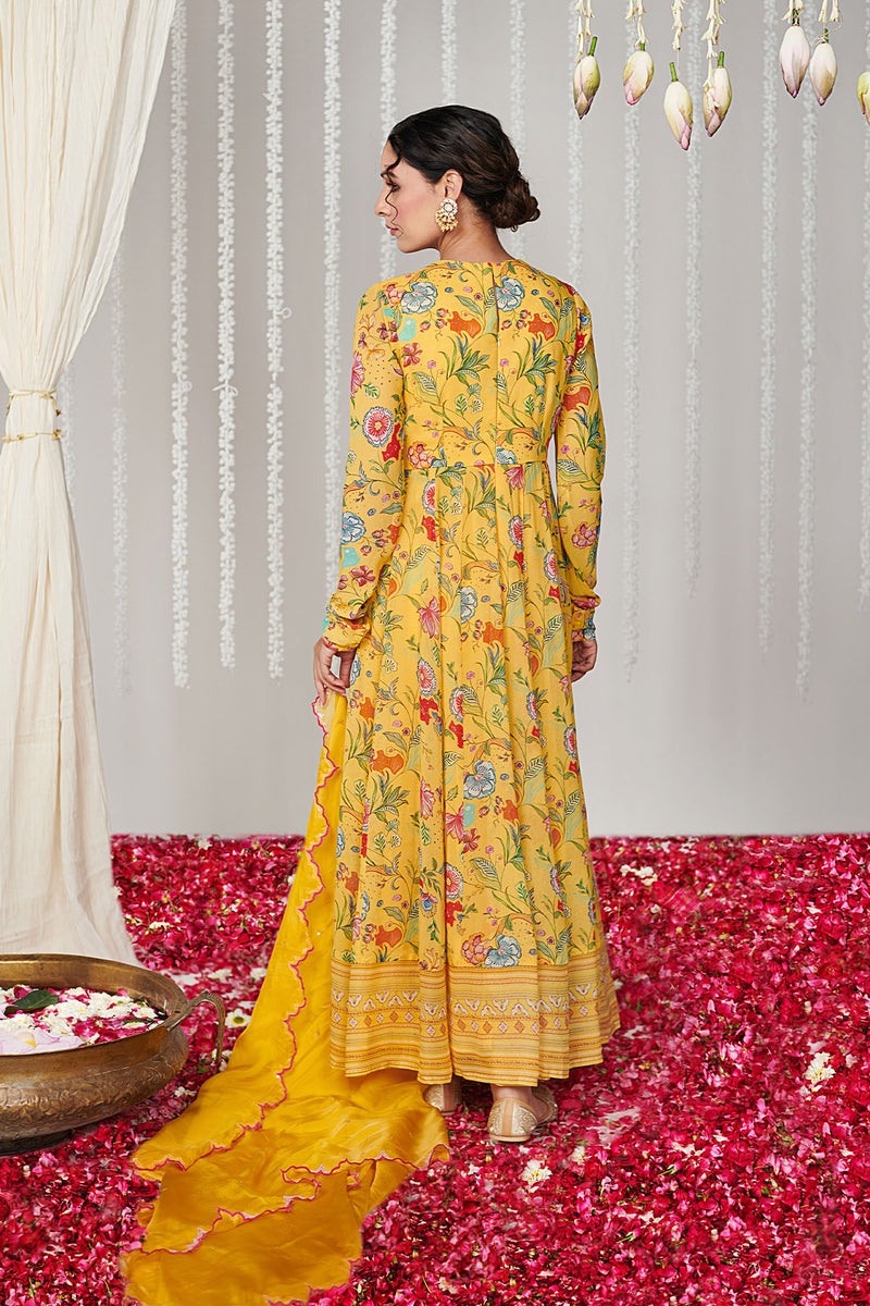 Bagicha yellow Anarkali set of 3